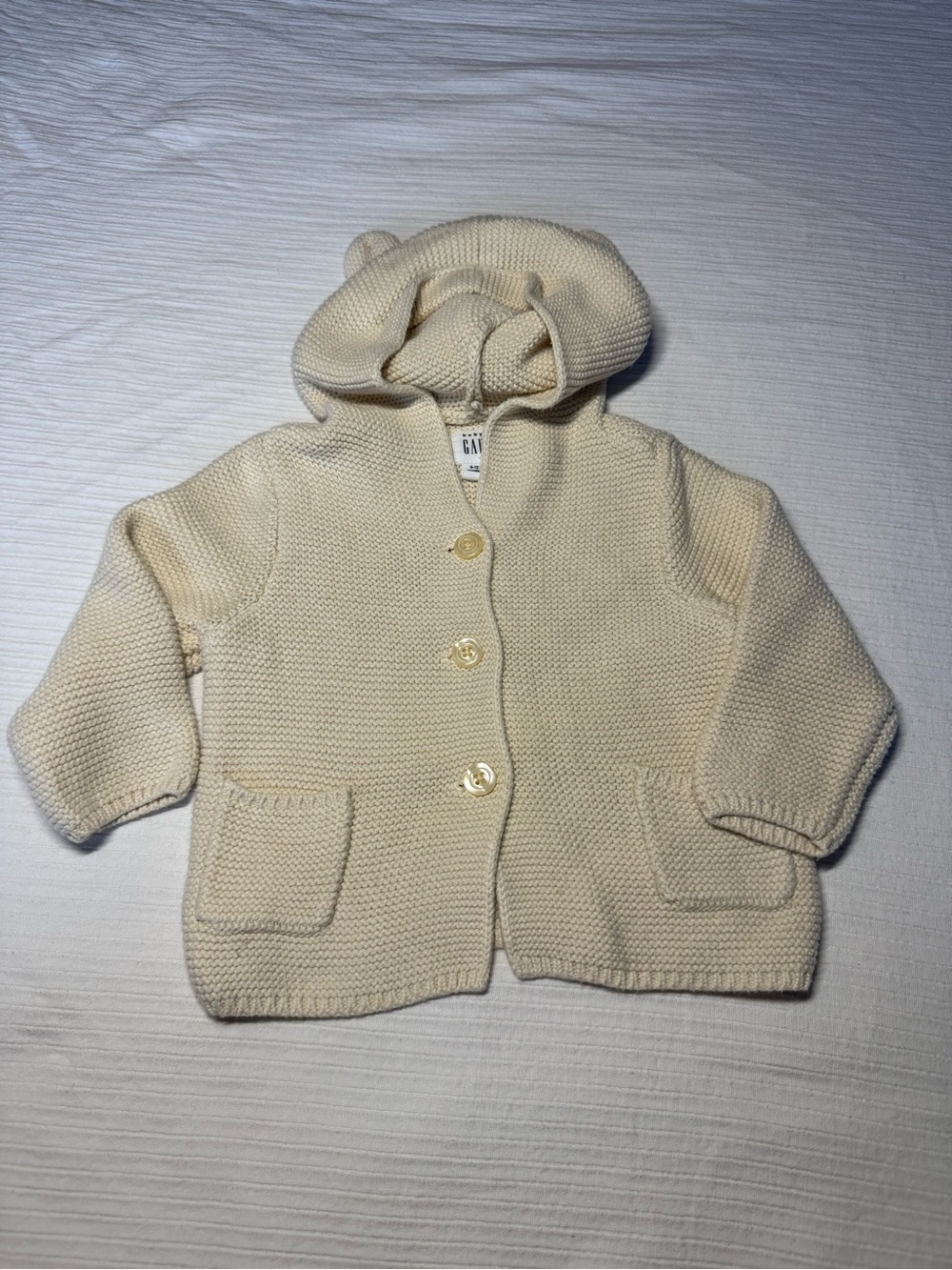 Baby GAP Bear Ear Hooded Knit Cardigan Sweater 6-12M Cream